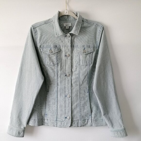 Croft & Barrow Womens Blue White Flap Pockets Striped Button Front Jacket Size M - Picture 1 of 7